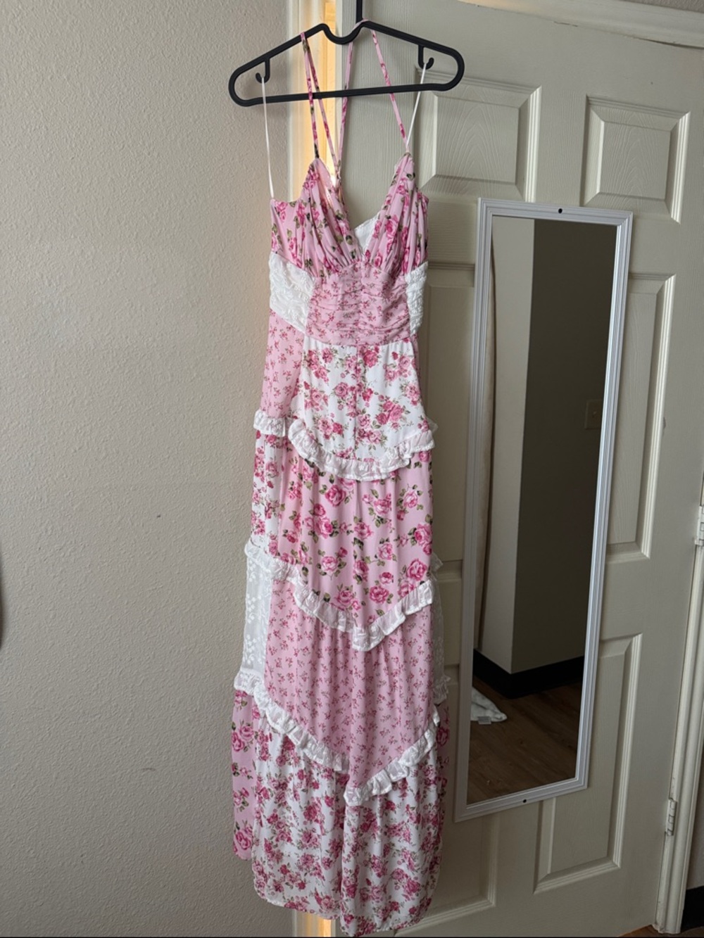 Pink Floral Tiered Maxi Dress with Lace Trim